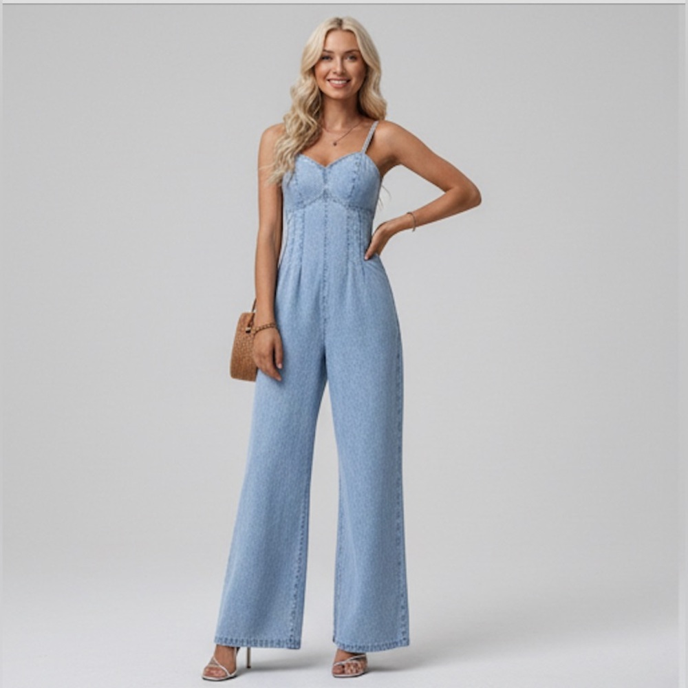Light Wash Denim Jumpsuit Wide Leg Corset Bodice Sweetheart Neck - Picture 6 of 11